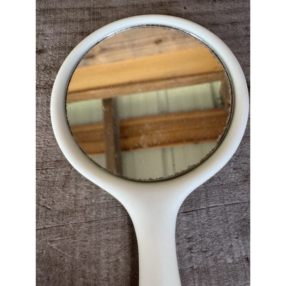 ANTIQUE CERAMIC HAND MIRROR ROSE STEM‎ LEAVES CHILD VANITY DOLL VINTAGE OLD